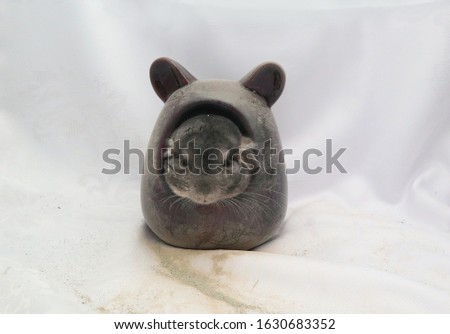  gray chinchilla is washing in a ceramic bath house, selective focus                                 
