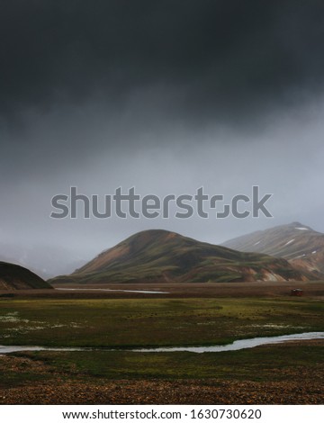 Moody picture of Landmannalaugar valley in Highlands of Iceland. Cloudy and rainy day.