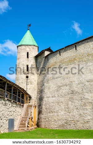 Pskov, Pskov front wall chrome and Dovmontova tower, a popular tourist destination