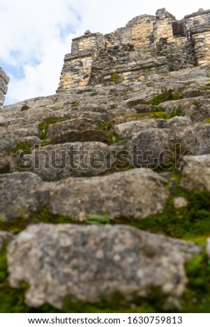 Steps to the old mayan pyramid. Ancient archaeological site of Muyil. Travel photo. Yucatan. Quintana roo. Mexico