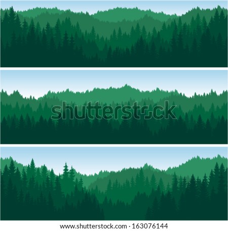 set of vector mountains forest background texture seamless pattern