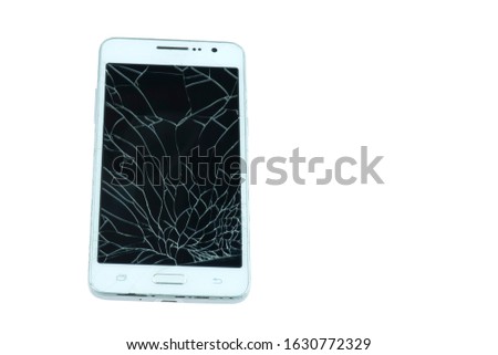 Broken glass of mobile phone screen Isolated from a white background.