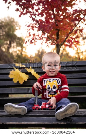 a blue-eyed blonde boy is sitting on a bench in an autumn park, wearing a burgundy sweater with a picture of a fox and jeans, he has a fire truck in his hands