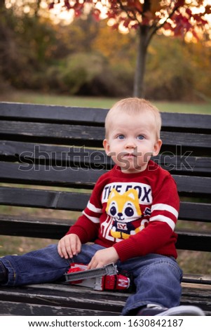 a blue-eyed blonde boy is sitting on a bench in an autumn park, wearing a burgundy sweater with a picture of a fox and jeans, he has a fire truck in his hands