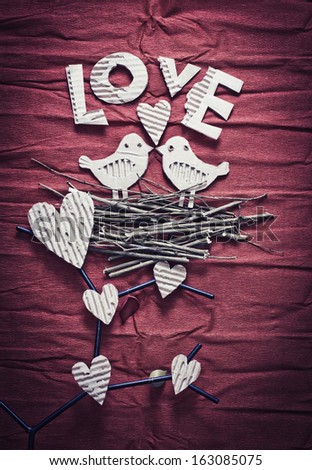 holidays card with a two birds and hearts as a symbol of love/ Valentines day card with word "love"