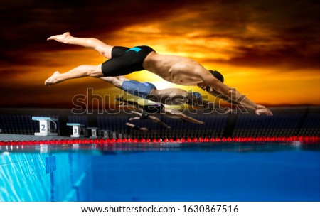 Professional young muscular swimmer jumping from starting block in a swimming pool. Five image of the same model. Royalty-Free Stock Photo #1630867516