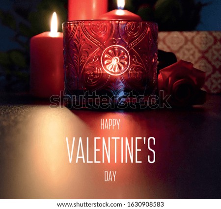 Happy Valentine's Day greeting card with red candles. Romantic still life with red candles stock images. Red romantic background. Valentine's Day concept