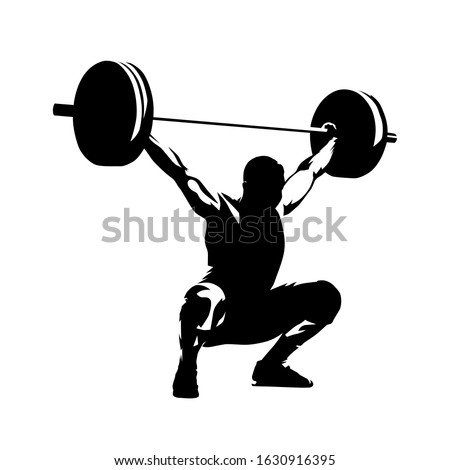 Weightlifter lifts big barbell, isolated vector silhouette, ink drawing Royalty-Free Stock Photo #1630916395