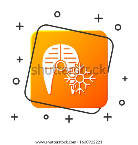 White Fresh frozen fish steak icon isolated on white background. Orange square button. Vector Illustration