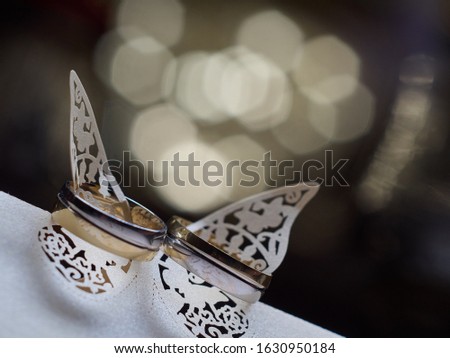 Wedding rings on a paper butterfly, setup picture