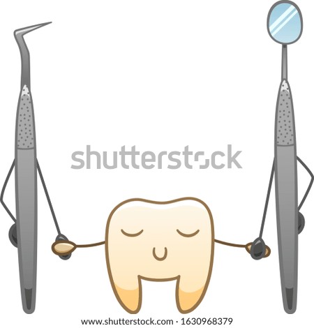Isolated cartoon smiling tooth holds hands with metal dental probe and mouth mirror. International Dentist Day. White background, vector.