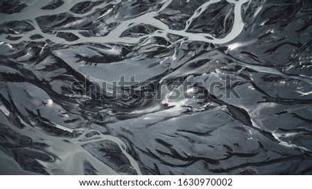 Aerial View Of Glacial Melt water In River Deltas, Iceland. Icelandic highlands.