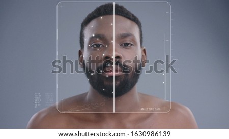 Future. Face ID. Face Detection. Augmented Reality. Biometric Technological 3D Scanning of African Black Man Face for Facial Recognition Isolated on Grey. Facial Animation with Dots and Tracking