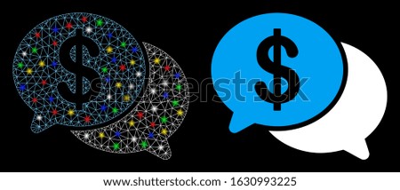 Bright mesh financial chat icon with glare effect. Abstract illuminated model of financial chat. Shiny wire carcass triangular mesh financial chat icon. Vector abstraction on a black background.