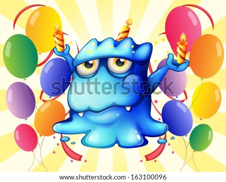 Illustration of a blue monster balancing the candles in the middle of the balloons on a yellow background