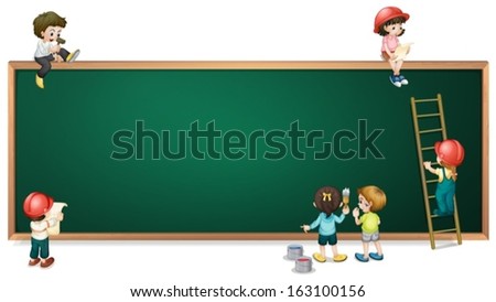 Illustration of the kids around the empty greenboard on a white background Royalty-Free Stock Photo #163100156