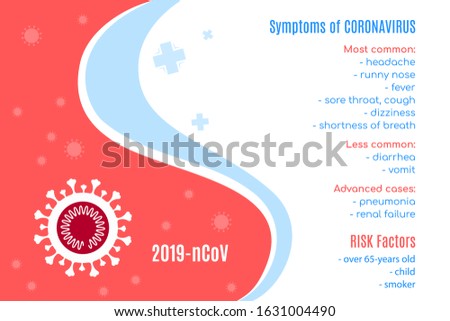 Coronavirus 2019-nCoV information banner. Wuhan virus alert. Coronavirus virion with coronavirus infection symptoms. Flat style vector design.