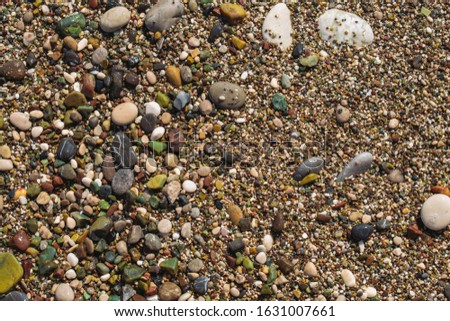 Closeup top view photography of surface of sandy beach with small birght colorful smooth peddles wet from salt water of sea waves. Abstract organic photo background. 