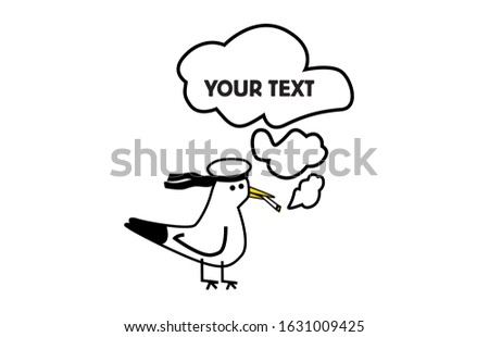 Funny seagull character like a sailor or seaman smoking cigar