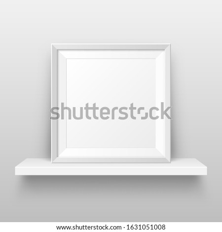 Realistic wall shelf with empty picture frame. Poster mockup for design. Vector Illustration.