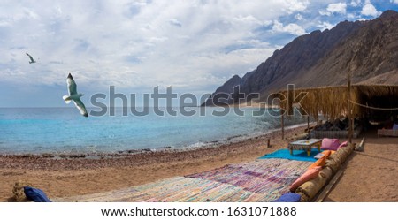 Summer seashore of the Red Sea coast of Dahab resort with cliffs and mountains around the blue bay. Beach near a fishing village with multi-colored pillows and rugs under a sun canopy with reed roofs.