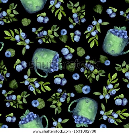Watercolor blueberry pattern. Seamless pattern with berries on dark background. Blueberries summer background. Botanical pattern with hand drawn berries. 