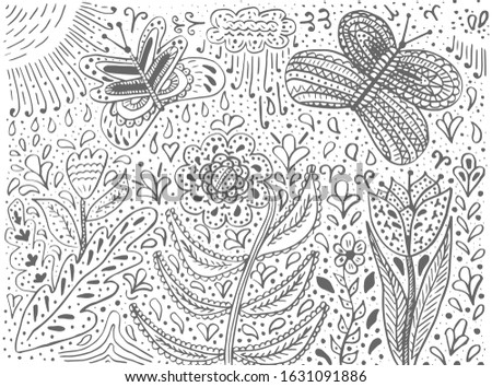 Coloring book in the style of doodling. Flowers, butterflies, leaves, clouds, sun. Vector illustration, modern design template for poster, wrapping paper, books, etc.