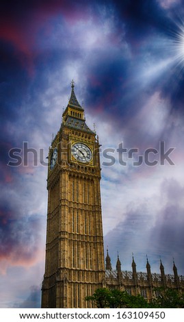 London. Magnificence of Big Ben Tower in the Westminster Palace.