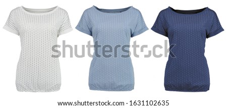 Women’s blue and white t-shirt with anchors on a white background. Isolated image on a white background.
