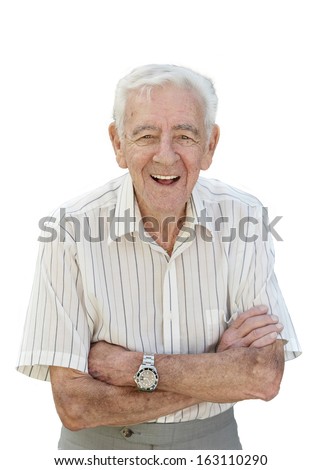 Happy 90 year old senior man standing isolated on white background Royalty-Free Stock Photo #163110290