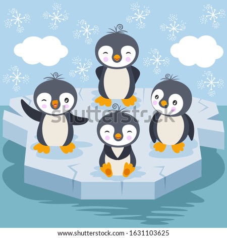 Children illustration with funny penguins playing on ice
