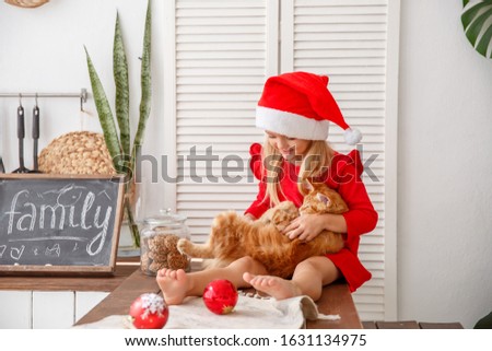 Blonde baby girl in a Santa Claus hat is playing with a red cat in the kitchen. Maine Coon's cat in a photo Studio with a child