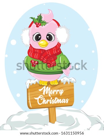 Christmas Poster. Vector illustration of Christmas Background with snow and cute bird character