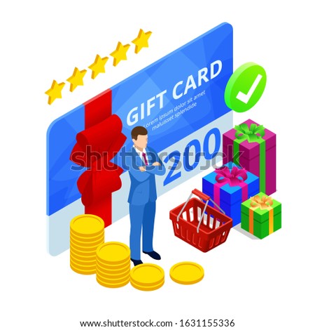 Isometric Gift voucher and Online shopping app, Shopping online. Holiday celebration concept.