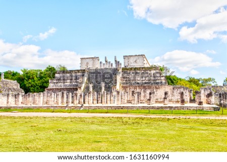 Ancient ruins of Temple of the Warriors at the Mayan archaeological site of Chichen Itza, Yucatan, Mexico. Its name derives from the pillar columns with relief carvings of warriors. 