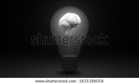 Glowing human brain inside a light bulb. Idea or insight related conceptual 3D rendering