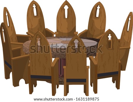  Illustration of nine chairs around round antic table
