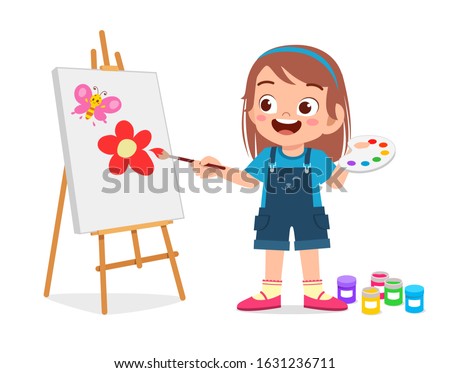 happy cute little kid girl draw on canvas