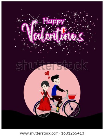 Valentines day card with couple riding bicycle under the moon and stars