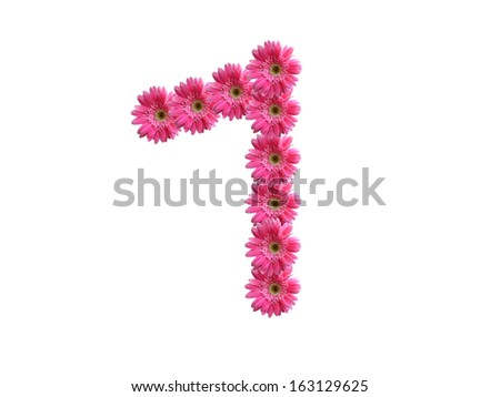 Number 1 from pink gerbera flowers alphabet isolated on white background