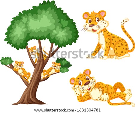 Big tree with tigers on the branches on white background illustration