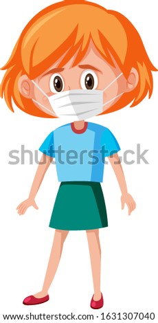 Sick girl wearing mask on white background illustration