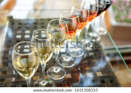 Wine tasting set in the light summer environment. Custom wine tasting concept. Glasses of wine on the glass table and outdoor background