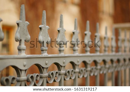 A closeup shot of the details of an iron fence with a blurred background