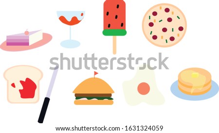 Set of food and beverage emojis. Icons and clip-arts of food and drinks such as ice-cream, hamburger, pizza, sunny side egg, toast with jam, pancakes, cheesecake and glass of wine.  
