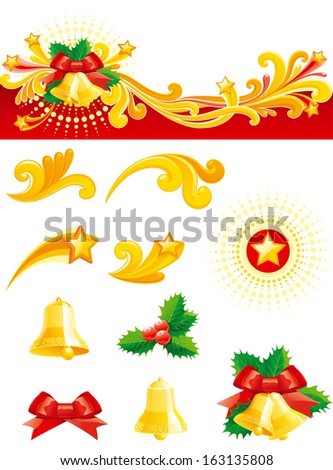 Christmas set. Christmas banner,  gold hand bells, holly leaves, bow and design ornament elements isolated on white background.   