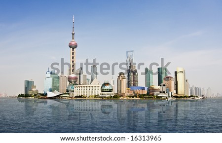Highly detailed image of the current Shanghai Skyline, home of the World Business Expo 2010. Extremely clear sky with plenty of room for copy space