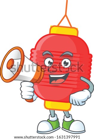Cool cartoon character of chinese lantern holding a megaphone