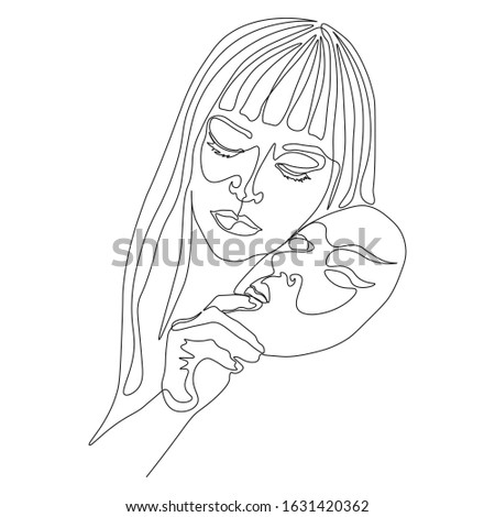 Continuous line, drawing of set faces and hairstyle, fashion concept, woman beauty minimalist, vector 