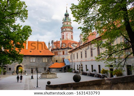 Picture of the interior patio of the State Castle with the Castle Tower at the background, the most famous symbol of Cesky Krumlov, Czech Republic